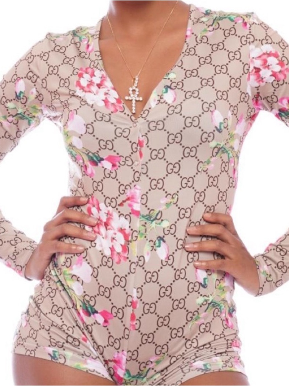 Gucci Beige Floral Logo Long-Sleeve Bodysuit